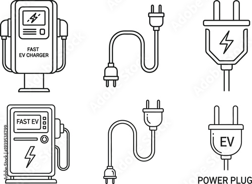 Electric vehicle charging station icons and plugs, a versatile vector set for modern green energy infrastructure