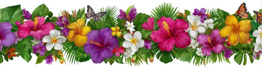 A vibrant tropical floral garland with lush green leaves and butterflies