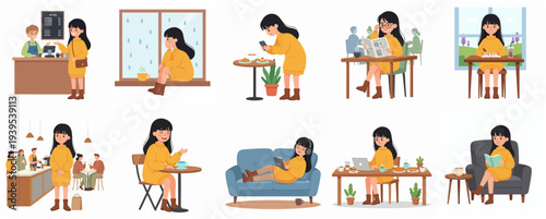 Cartoon Illustration Set of Girl Relaxing and Enjoying Leisure Activities in Cafe