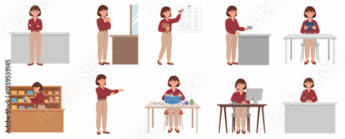 Collection of Professional Woman in Various Poses and Work Scenarios Illustration