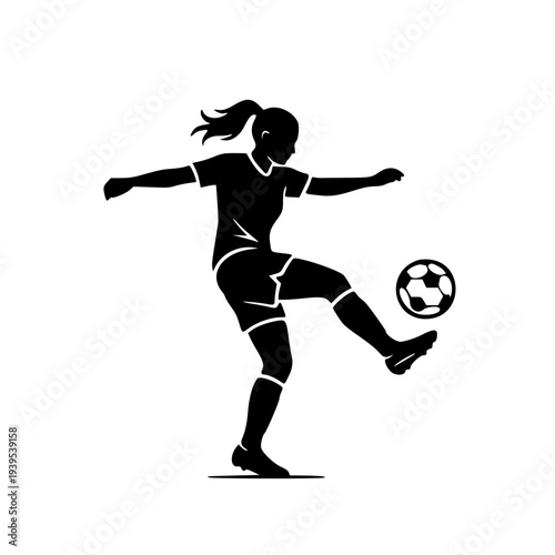 Female Soccer Player Action Silhouette – Professional Woman Footballer Kicking Ball Sports Graphic