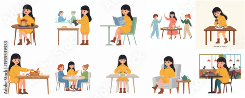 Flat Illustration of Casual Young Woman Dining and Socializing at Cafe