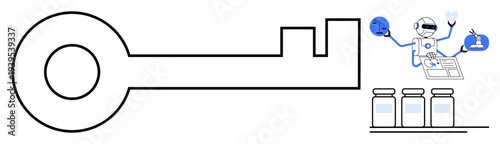 Innovation, security, data analysis, automation, technology, research. A robot engaging in data analysis beside a large key and three bottles. Innovation and security