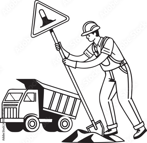 A diligent construction worker diligently places a road sign; a truck nearby symbolizes the ongoing project