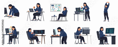 Flat Style Detailed Woman Programmer Different Activity Pose Character Set