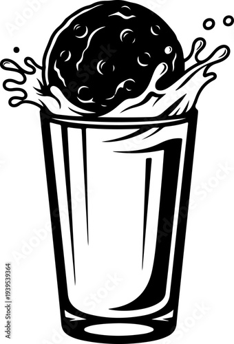 Round chocolate chip cookie dunked into a tall glass of milk Vector