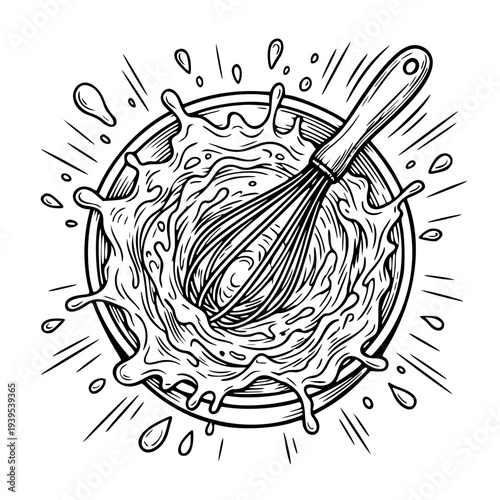 Whisk Mixing Batter in Bowl – Baking Preparation and Culinary Cooking Splash Line Art Illustration