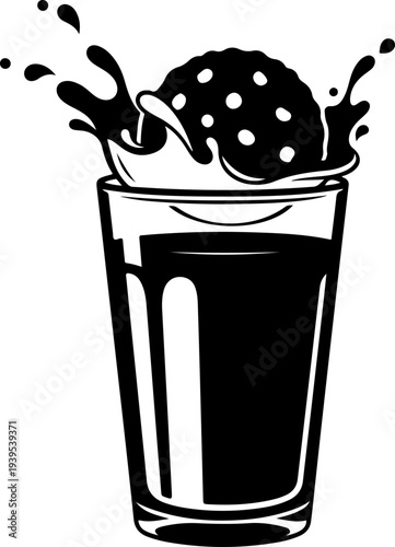 Round chocolate chip cookie dunked into a tall glass of milk Vector