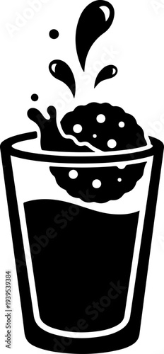 Round chocolate chip cookie dunked into a tall glass of milk Vector