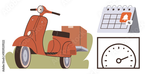Delivery services, logistics planning, transportation, scheduling concepts, modern commerce, time management. Retro scooter with a package, calendar with alert icon speedometer. Delivery services
