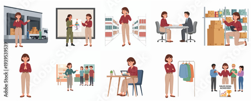Flat Cartoon Style Woman Demonstrating and Working in Different Job Scenarios
