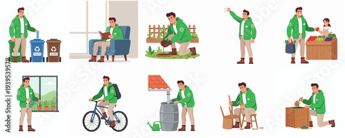 Flat Design Young Man Various Activities Environment Awareness Lifestyle Illustration