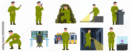 Cartoon Style Detailed Soldier Security Guard Character Set Poses Illustrations