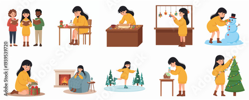 Cute Flat Illustration Girl Enjoying Winter Holiday Activity Collection Set