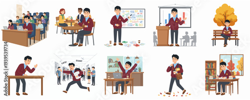 Flat Graphic Student Life Scenes and Activities Illustration Collection