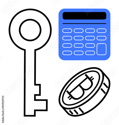 Digital security, cryptocurrency, blockchain, finance calculation, bitcoin encryption, secure transactions. A key, a blue calculator and a Bitcoin coin icon. Digital security and cryptocurrency