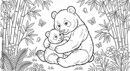 A panda hugs its cub in a bamboo forest, surrounded by flowers and butterflies.