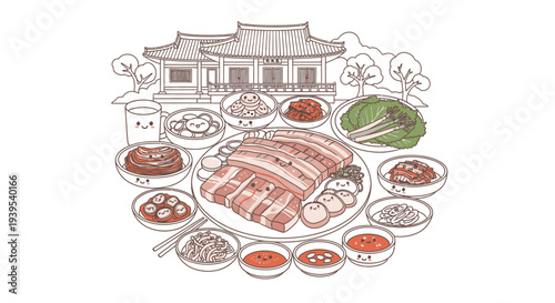 Korean barbecue illustration with various dishes and traditional house.