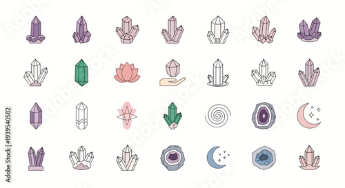 Collection of colorful crystal and gemstone illustrations in various styles