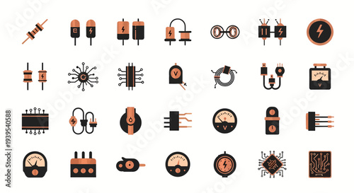 Collection of electronic circuit symbols and components in a flat illustration style
