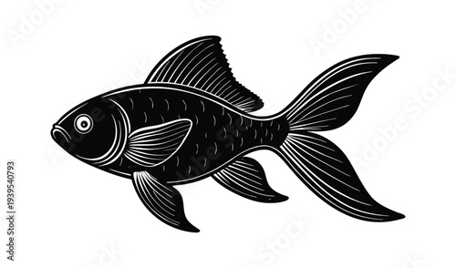 Black Goldfish Illustration Isolated on White, Elegant Aquatic Pet