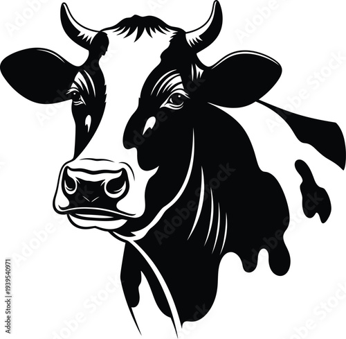 Detailed black and white illustration depicting the head and shoulders of a dairy cow with prominent horns and facial markings.