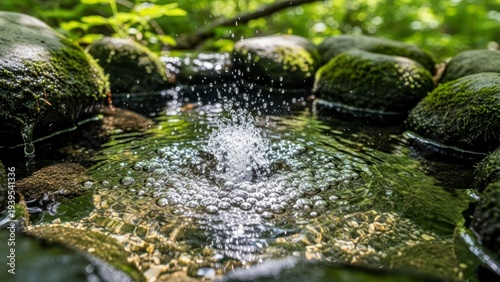Mossy stones around small pond.