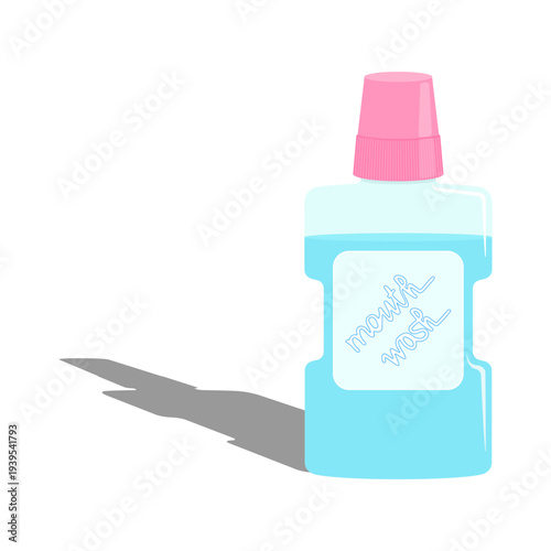 Blue mouthwash with a pink cap on a white background