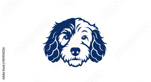 Blue and white doodle dog head logo, graphic, simple, modern, clean