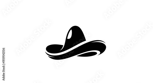 Black Sombrero Hat Icon, Traditional Mexican Headwear, Isolated on White Background