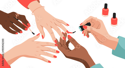 Diverse hands applying red nail polish, beauty salon concept