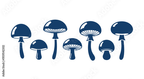 Dark Blue Mushroom Silhouettes Collection on White Background