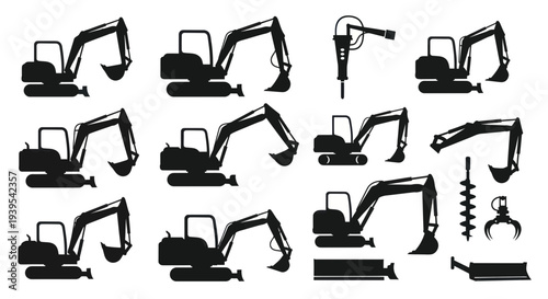 Excavator Machine Vector Silhouettes Set - Construction Equipment Icons