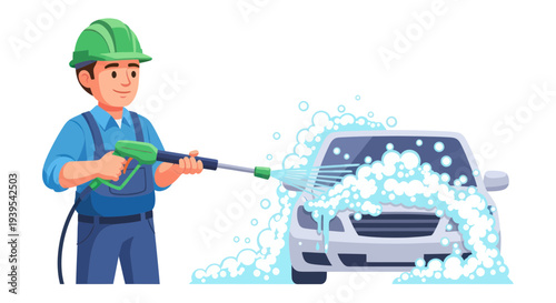 Man Washing Car with Pressure Washer, Foam and Bubbles