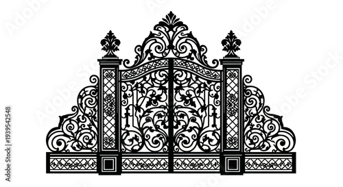 Ornate wrought iron gate, vintage, decorative, elegant, architectural element, isolated on white