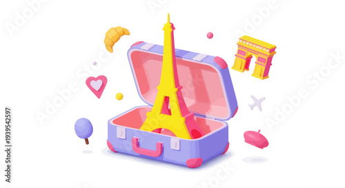 Paris Travel Suitcase with Eiffel Tower, Arc de Triomphe, Croissant, and Beret