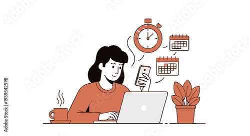 Woman working on laptop with phone clock and calendar busy office desk with coffee