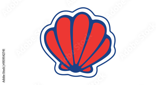Stylized Red Seashell Icon with Blue Outline on White Background