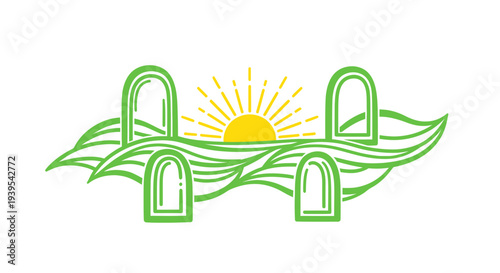Sunrise Over Green Archways and Wavy Lines