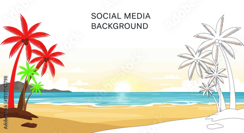 Vibrant Tropical Beach Sunset with Palm Trees and Ocean Waves - Social Media Background
