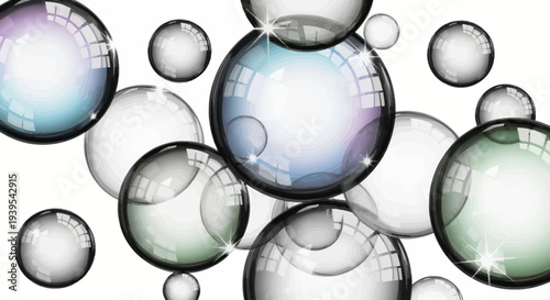 Abstract Colorful Bubbles Floating, Sparkling, Transparent Spheres, Light Reflections
