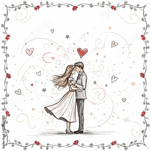 Romantic Couple Kissing with Heart Border