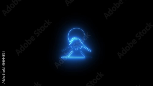 Glowing Blue Mountain Landscape Neon Sign with Moon Black Background