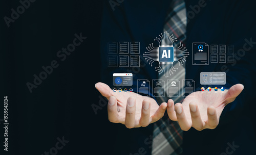 Artificial intelligence concept. Businessman hands presenting AI processor interface with digital documents and analytics icons, automation technology, data driven decision, innovation system