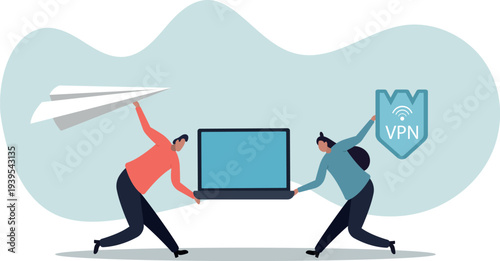 VPN virtual private network, security protection for internet access, technology or firewall encryption to protect computer network,person's life situation and his activities.