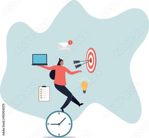 Productive woman, multitasking or time management professional, productivity or entrepreneurship,business concept.flat character.