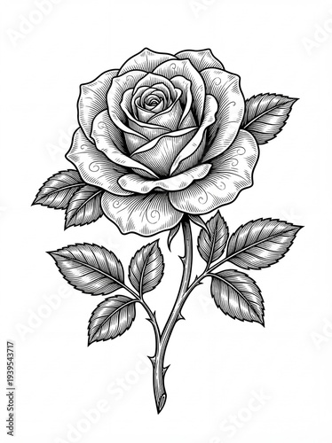 Detailed monochrome illustration of a rose with leaves and thorns, showcasing intricate shading and linework.