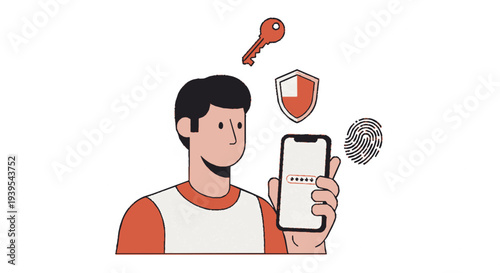 Man holding smartphone with security symbols floating above representing mobile protection and safety