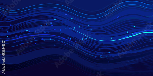 Abstract flowing lines and dots in shades of deep blue
