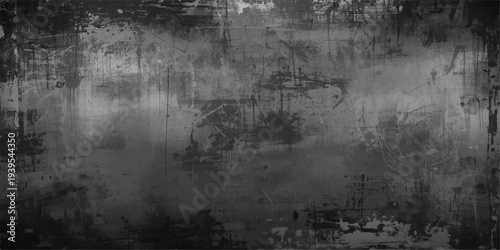 Abstract old grunge background featuring a dark gray textured concrete wall with a dirty aged paper pattern and a rough vintage metal surface backdrop.